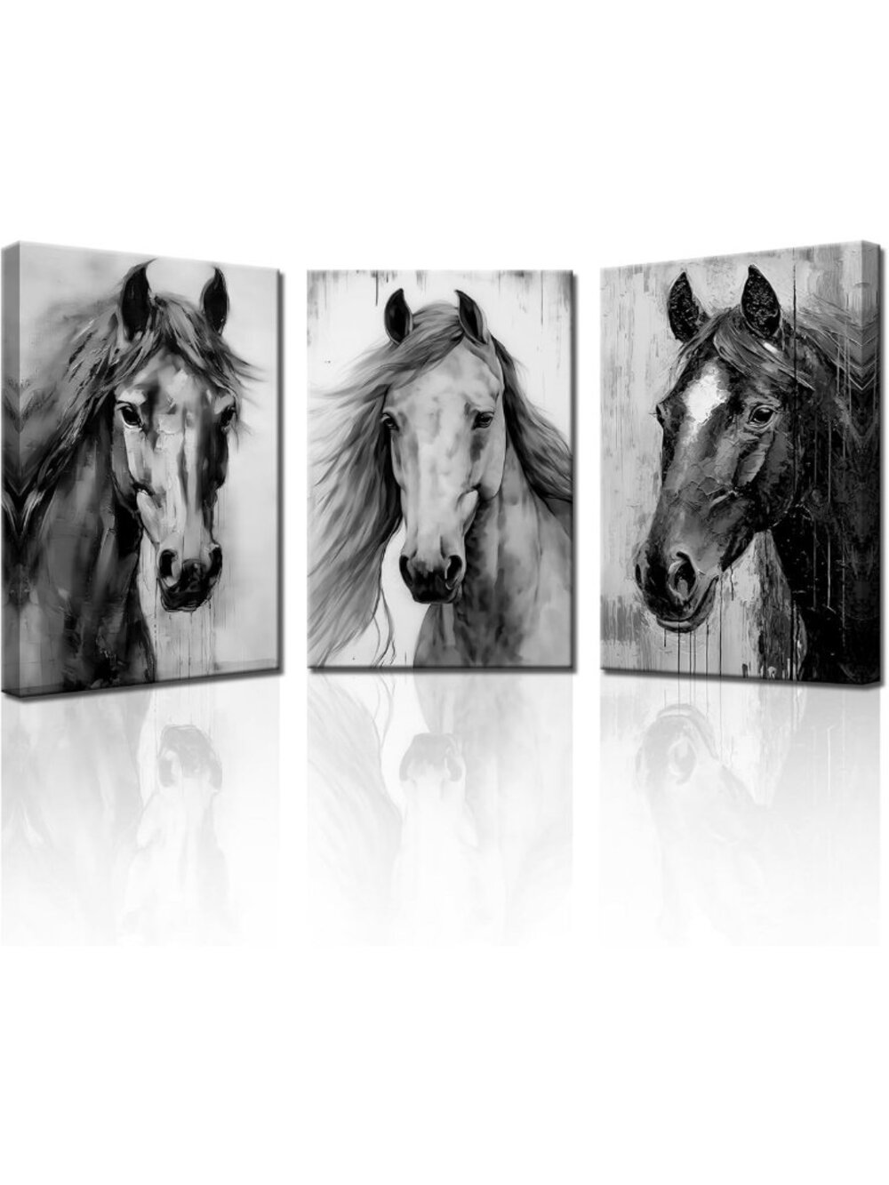 3 Piece Black & White Horse Canvas Wall Art Set - Vintage Farm Animal Decor